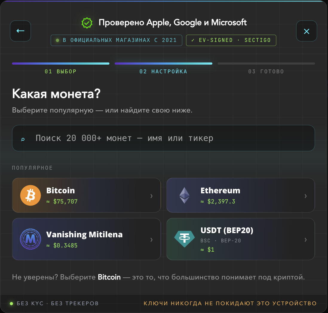 Skrin «Koin mana?» dengan pilihan Bitcoin, Ethereum, dan USDT